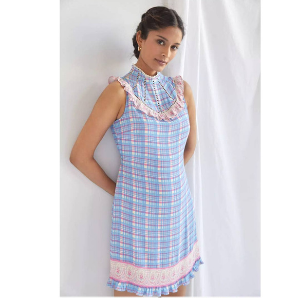 New Anthropologie Plenty By Tracy Reese Plaid Mini Dress $178 SMALL Pink/Blue - Picture 1 of 4